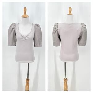 LAMARQUE Knit Top With Leather Short Sleeve Womens XS Moon Grey Scoop Neck NEW